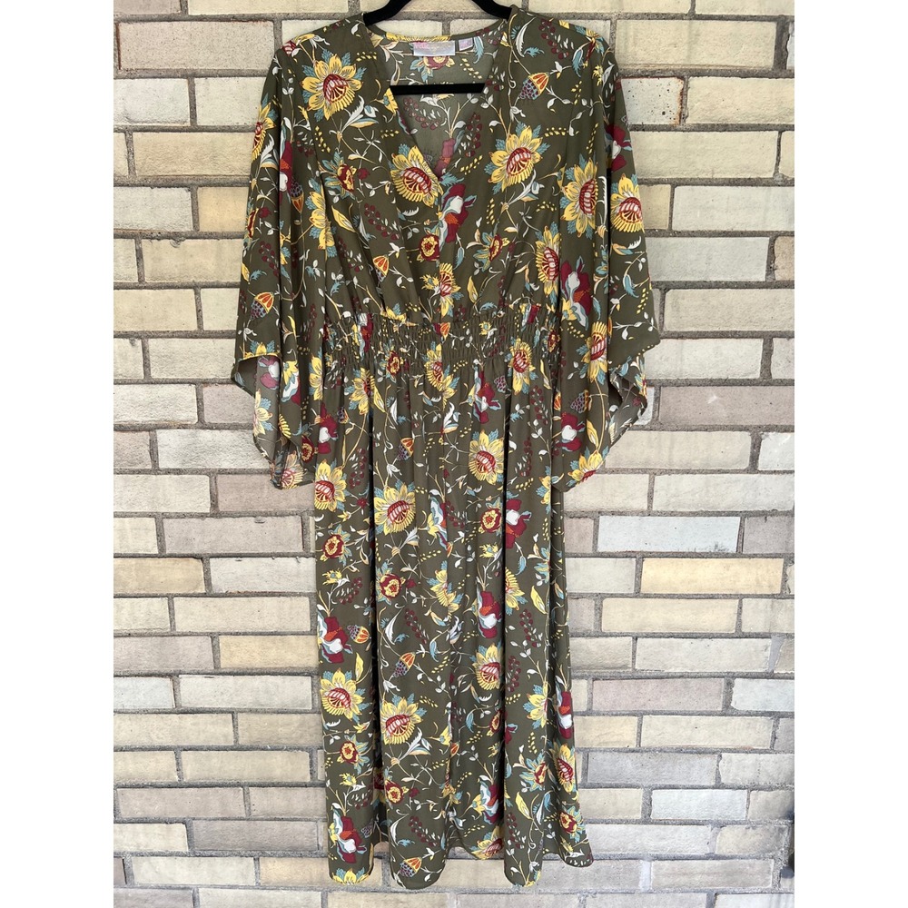 Belle Boho by Kim Gravel Olive Green Floral Smocked Midi Dress Size Small Petite - Picture 1 of 5